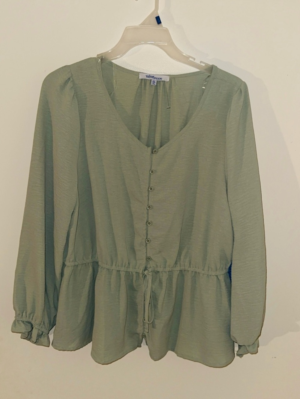 Velvet Sage Green Button-Front Drawstring Peplum Blouse